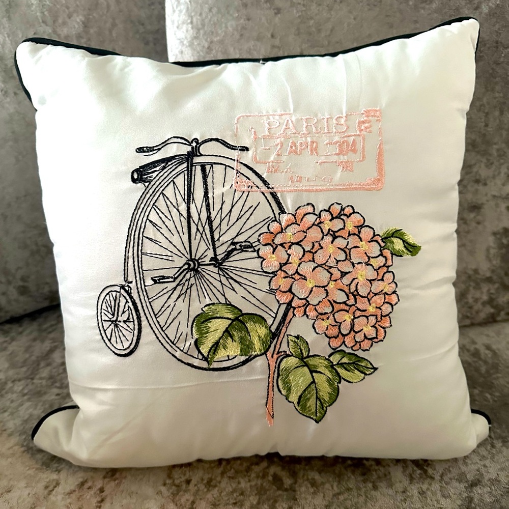 Paris  Nanette Lampore Embroidered  Small Decorative Pillow 17-17” Bike